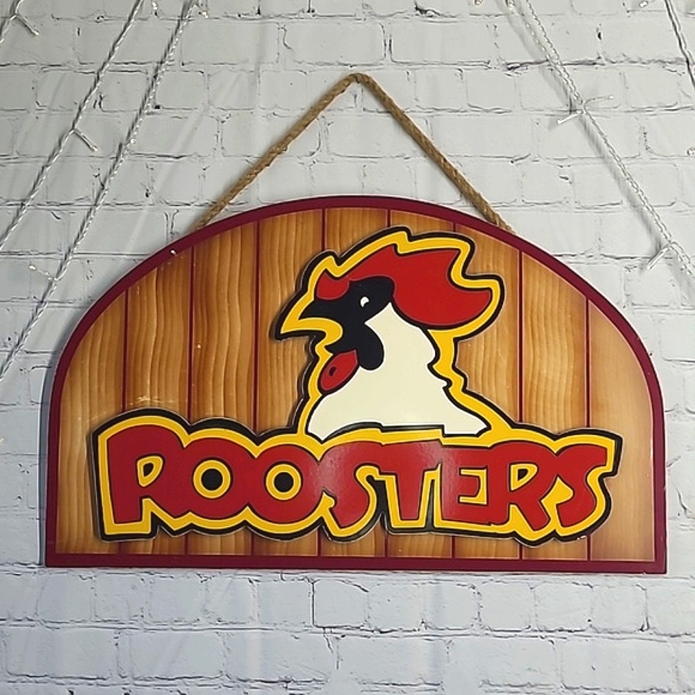 Roosters Chicken Restaurant Wall Hanging Sign Faux Wood Coporate Decor 22"x14"